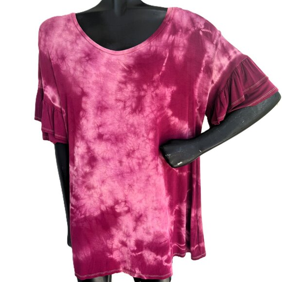3/$25 🆕 Hand Tie-Dyed Ruffle Sleeve Tee | Dark Denim Turquoise | Rayon - Picture 5 of 5